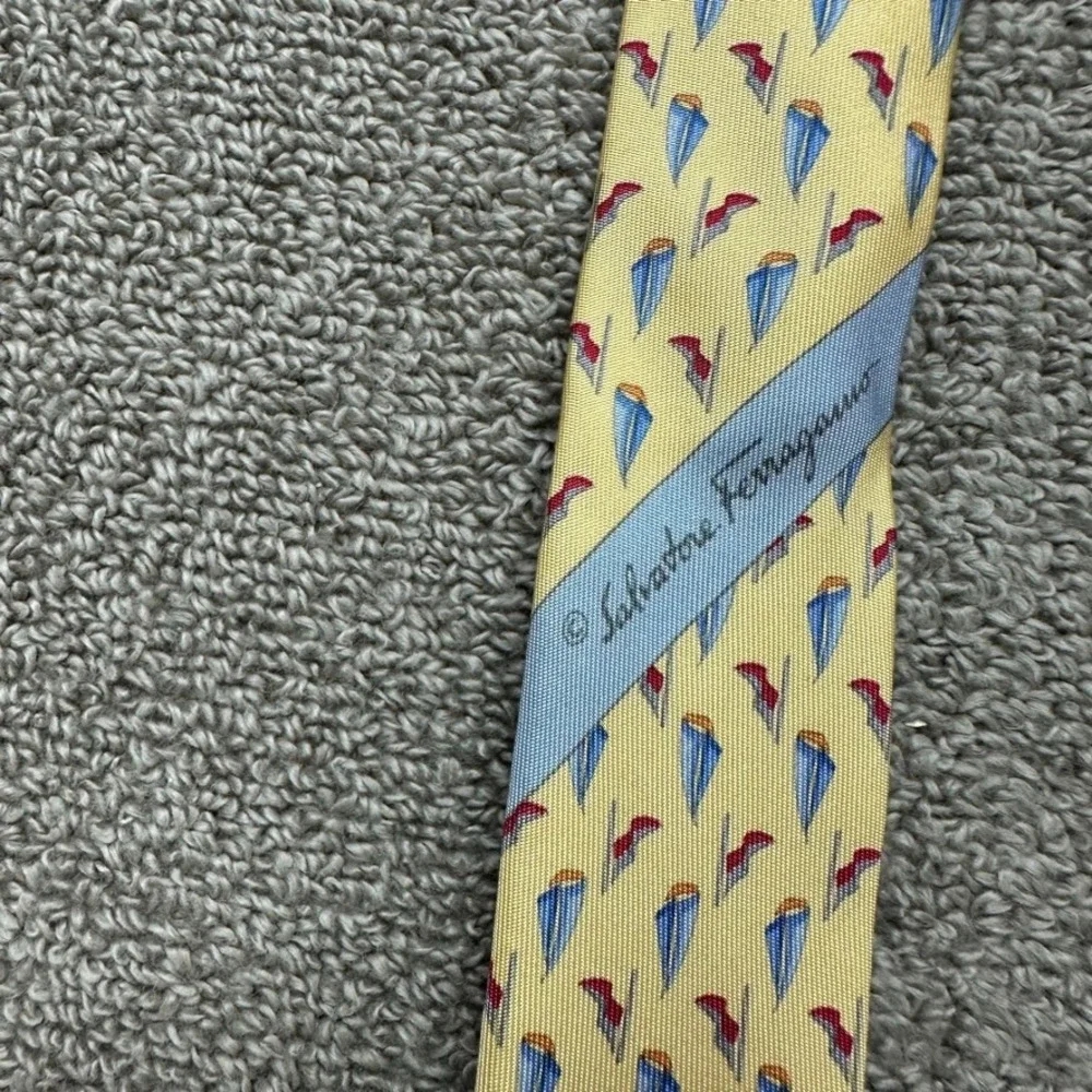 Salvatore Ferragamo Yellow Silk Tie Sailboat High Heel Shoe Novelty Print Italy